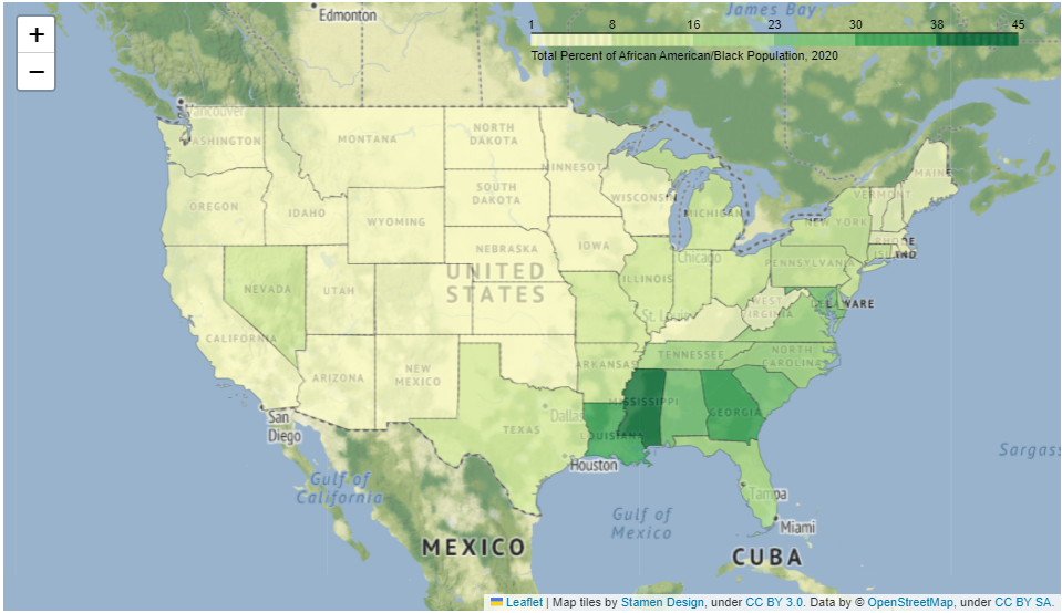 Map of the United States showing percent of African American/Black Population from the 2020 Census